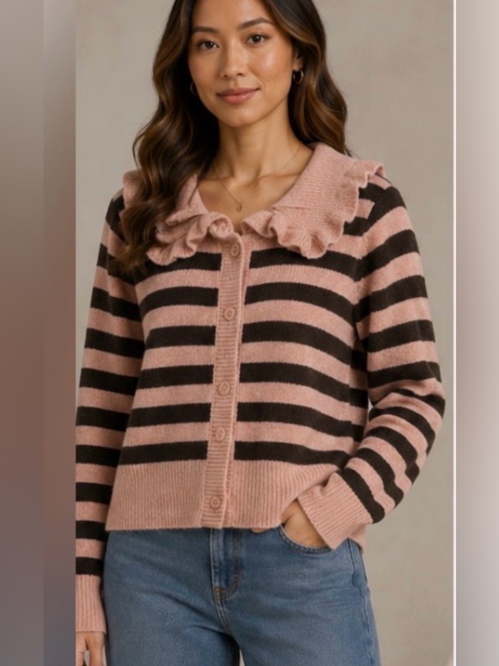 Maeve Pink and Brown Striped Ruffle-Collar Cardigan medium